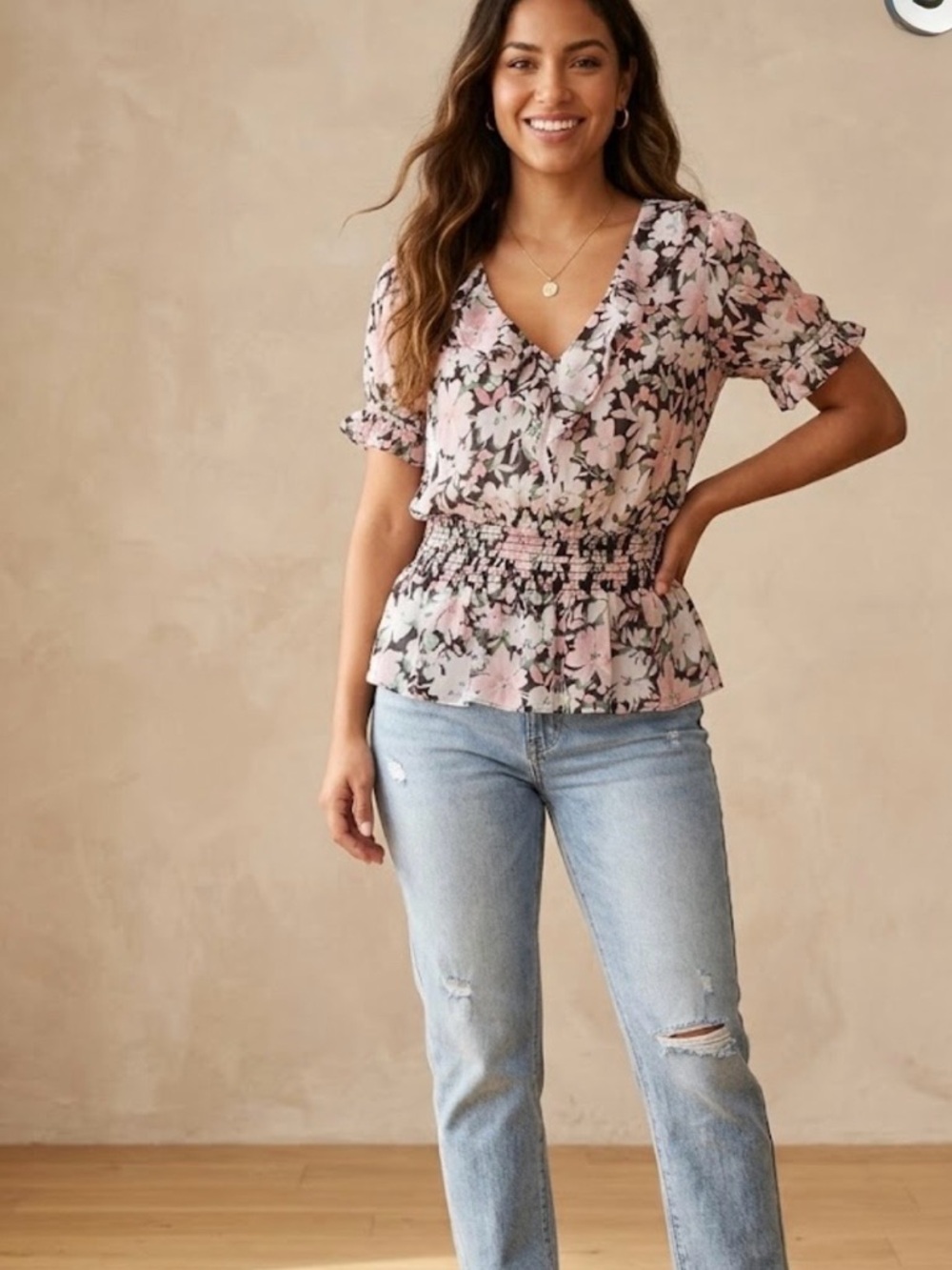everleigh Pink Floral V-Neck Smocked Peplum Blouse